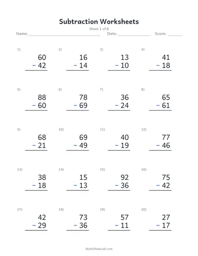 Subtraction worksheets — Sheet 1