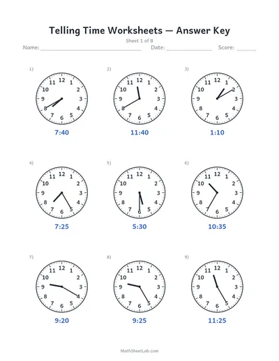 Telling time worksheets — Sheet 1 answers