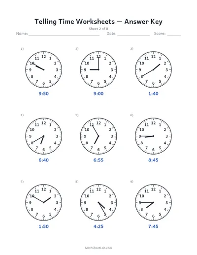 Telling time worksheets — Sheet 2 answers