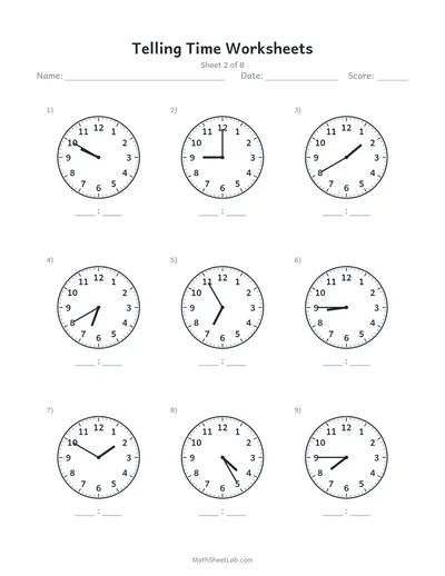 Telling time worksheets — Sheet 2