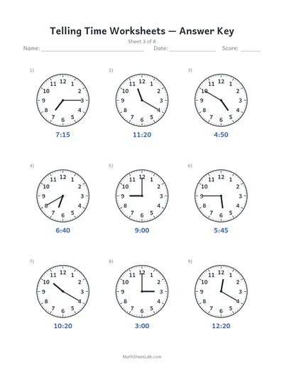 Telling time worksheets — Sheet 3 answers