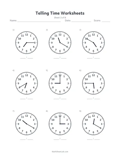 Telling time worksheets — Sheet 3