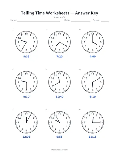 Telling time worksheets — Sheet 4 answers