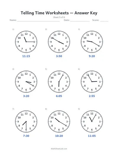 Telling time worksheets — Sheet 5 answers