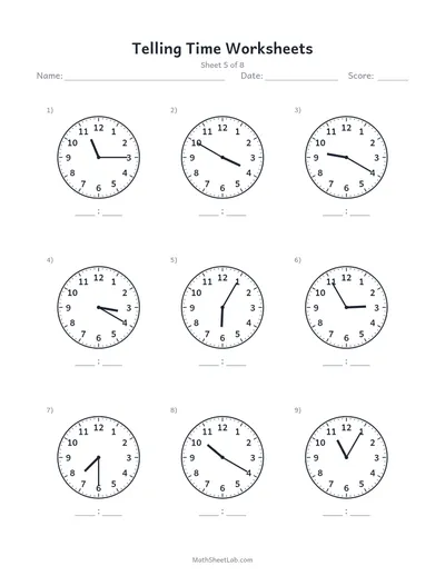 Telling time worksheets — Sheet 5