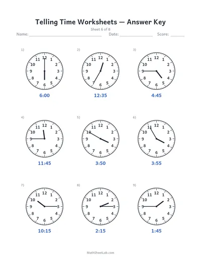 Telling time worksheets — Sheet 6 answers