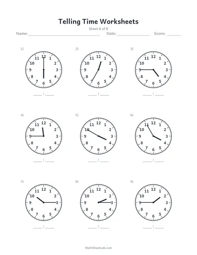 Telling time worksheets — Sheet 6