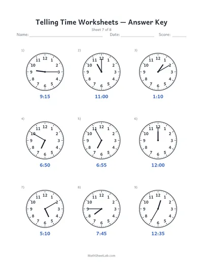 Telling time worksheets — Sheet 7 answers