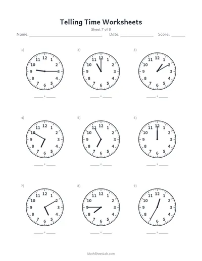 Telling time worksheets — Sheet 7