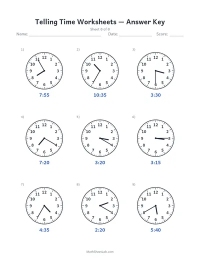 Telling time worksheets — Sheet 8 answers
