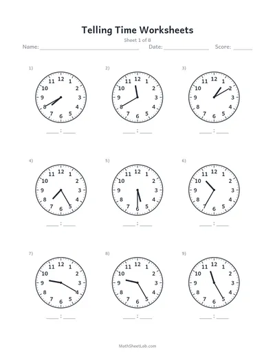 Telling time worksheets — Sheet 1