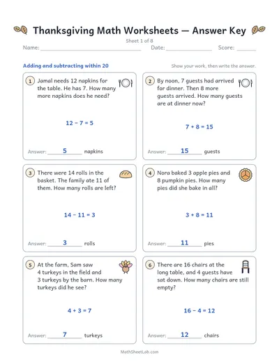 Thanksgiving math worksheets — Sheet 1 answers