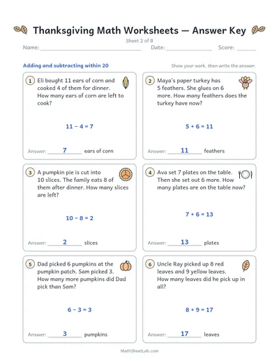 Thanksgiving math worksheets — Sheet 2 answers