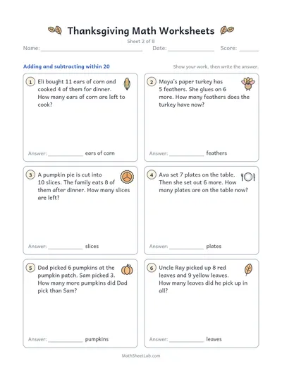 Thanksgiving math worksheets — Sheet 2 · within 20