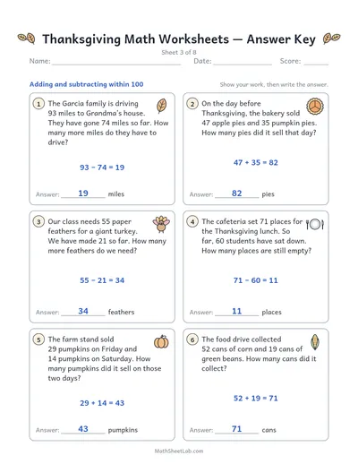 Thanksgiving math worksheets — Sheet 3 answers
