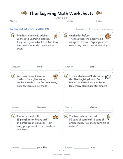 Thanksgiving math worksheets — Sheet 3 · within 100