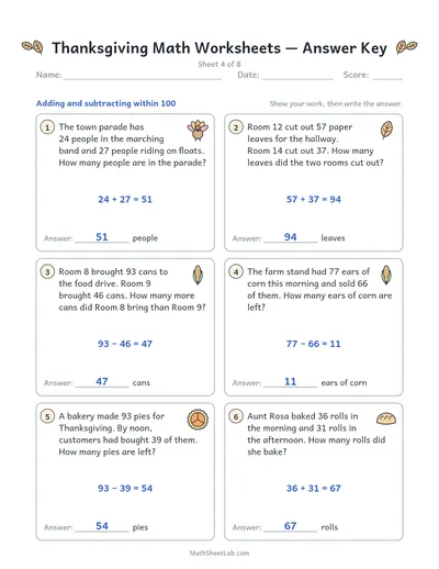 Thanksgiving math worksheets — Sheet 4 answers