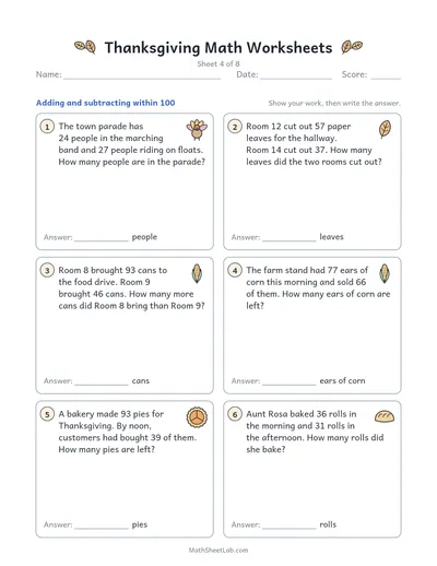 Thanksgiving math worksheets — Sheet 4 · within 100