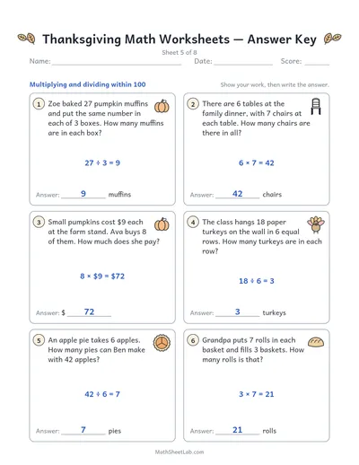 Thanksgiving math worksheets — Sheet 5 answers
