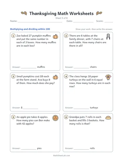 Thanksgiving math worksheets — Sheet 5 · × and ÷