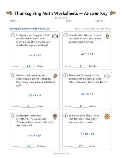 Thanksgiving math worksheets — Sheet 6 answers