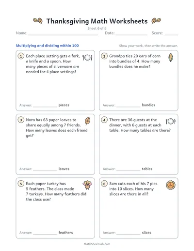 Thanksgiving math worksheets — Sheet 6 · × and ÷