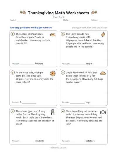 Thanksgiving math worksheets — Sheet 7 · two-step