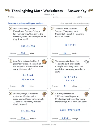 Thanksgiving math worksheets — Sheet 8 answers