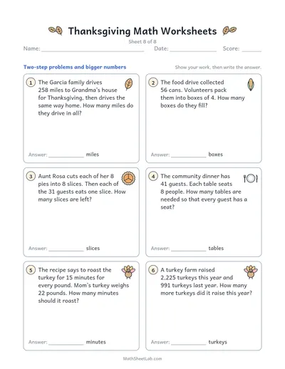 Thanksgiving math worksheets — Sheet 8 · two-step