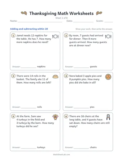 Thanksgiving math worksheets — Sheet 1 · within 20