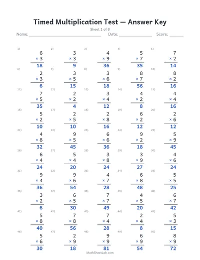 Timed multiplication test — Sheet 1 answers