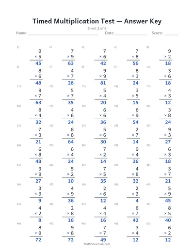Timed multiplication test — Sheet 2 answers
