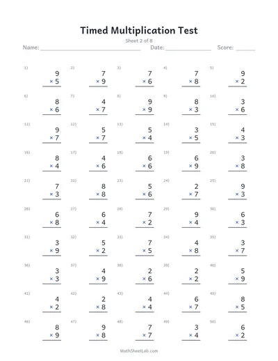 Timed multiplication test — Sheet 2