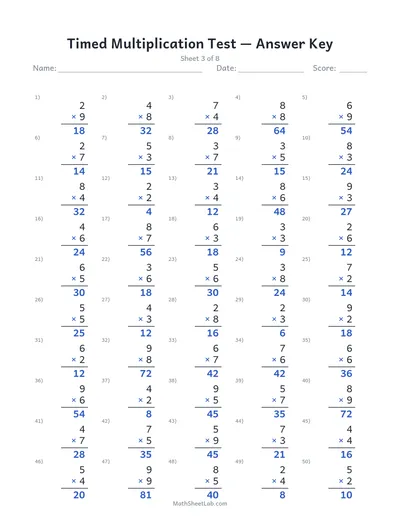 Timed multiplication test — Sheet 3 answers