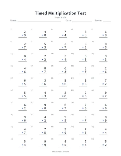 Timed multiplication test — Sheet 3