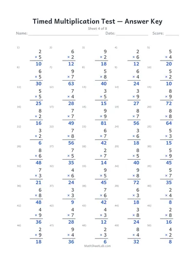 Timed multiplication test — Sheet 4 answers