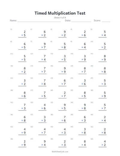 Timed multiplication test — Sheet 4
