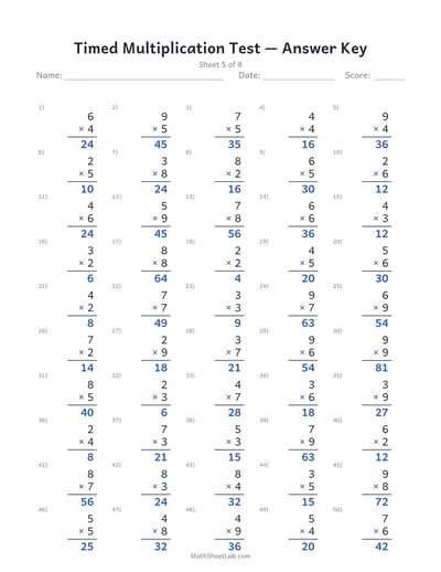 Timed multiplication test — Sheet 5 answers