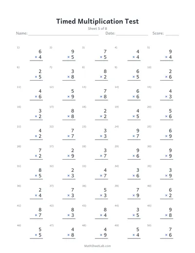 Timed multiplication test — Sheet 5