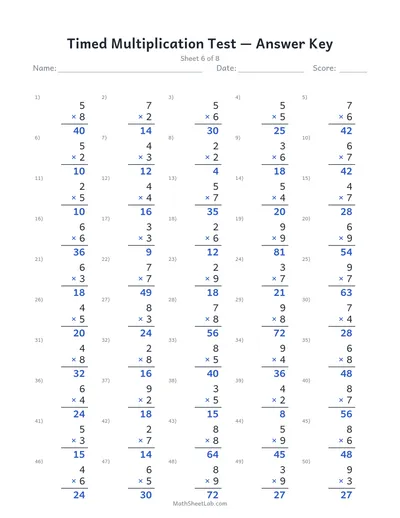 Timed multiplication test — Sheet 6 answers
