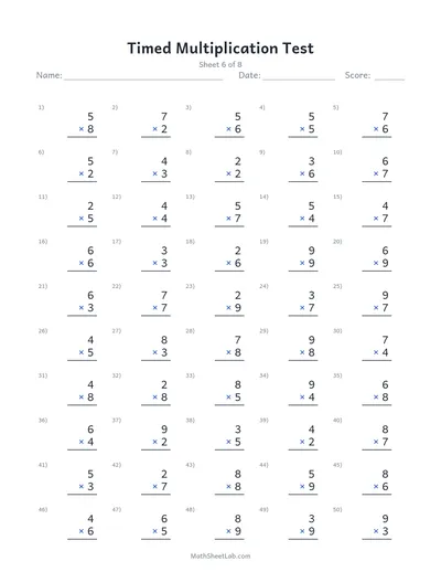 Timed multiplication test — Sheet 6