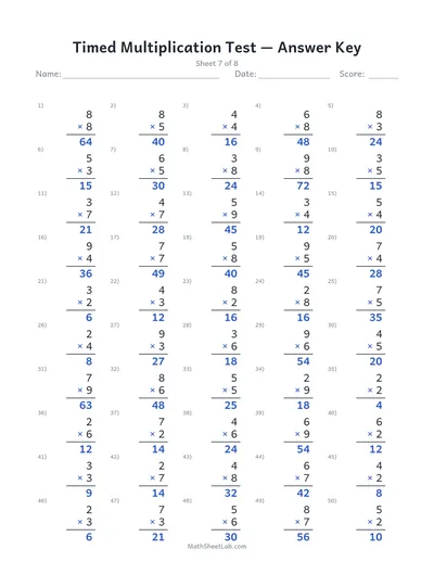 Timed multiplication test — Sheet 7 answers