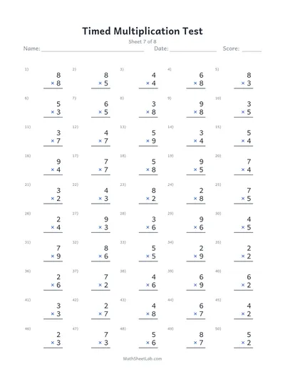 Timed multiplication test — Sheet 7