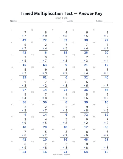 Timed multiplication test — Sheet 8 answers