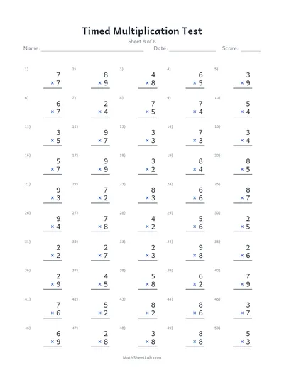 Timed multiplication test — Sheet 8