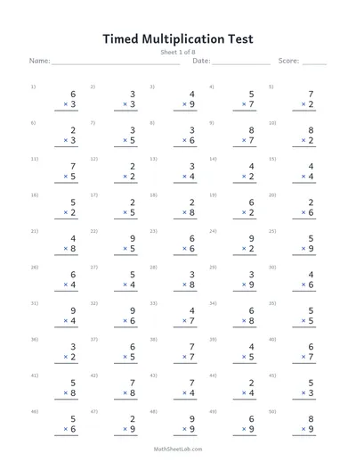 Timed multiplication test — Sheet 1