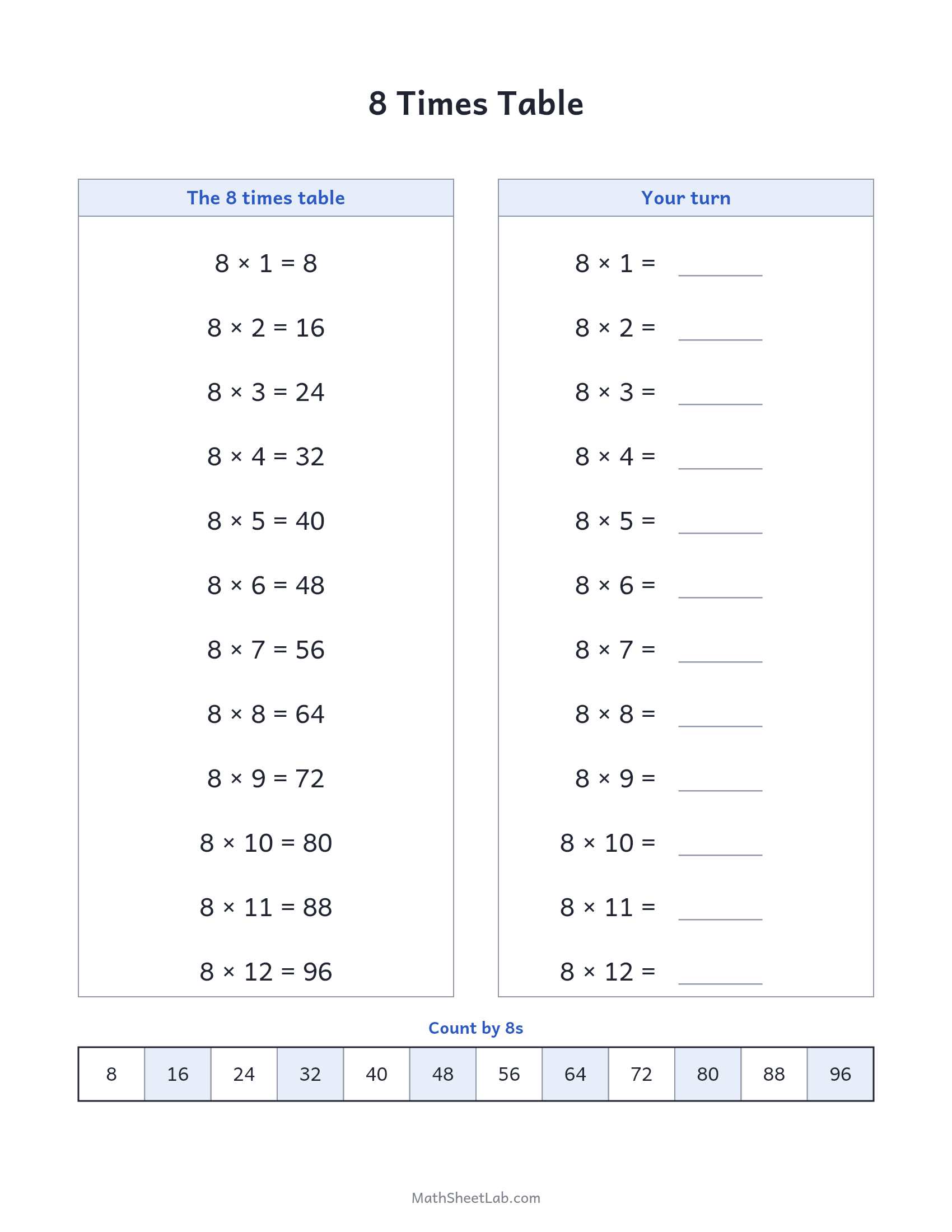 8 times table — free printable chart and practice worksheet