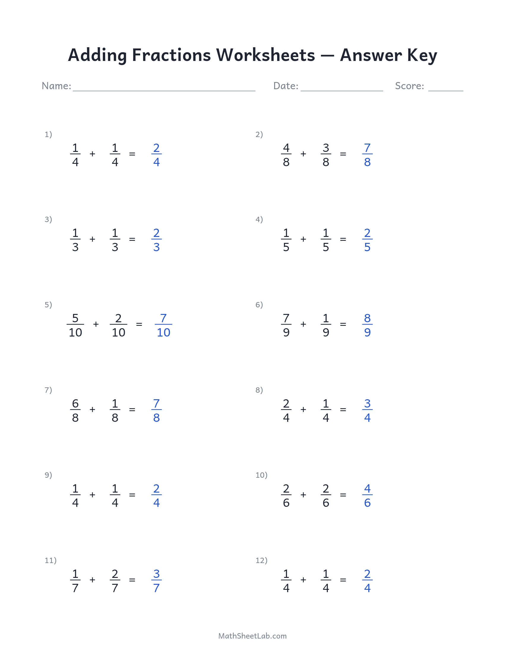 Adding fractions worksheets answer key preview