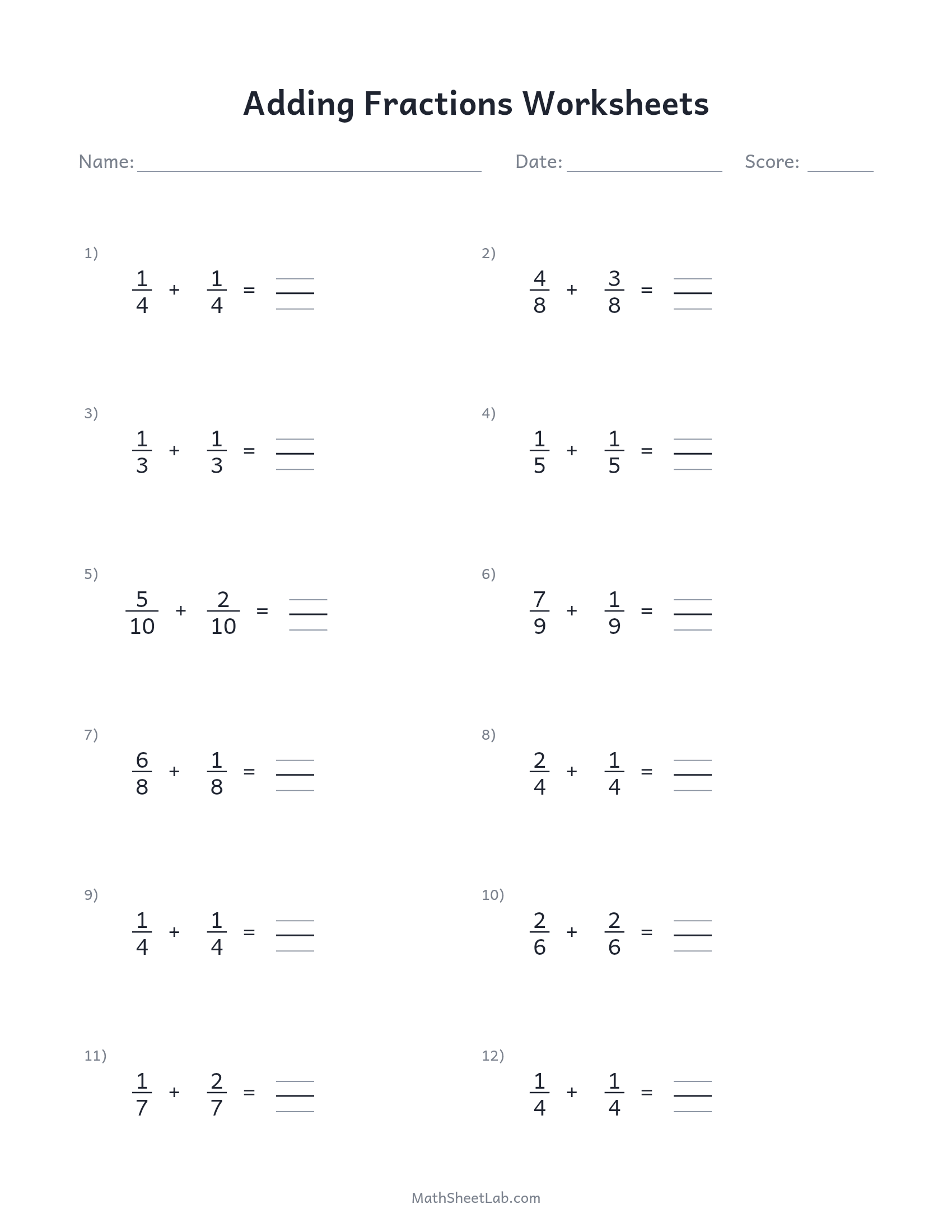 Adding fractions worksheets — free printable PDF preview