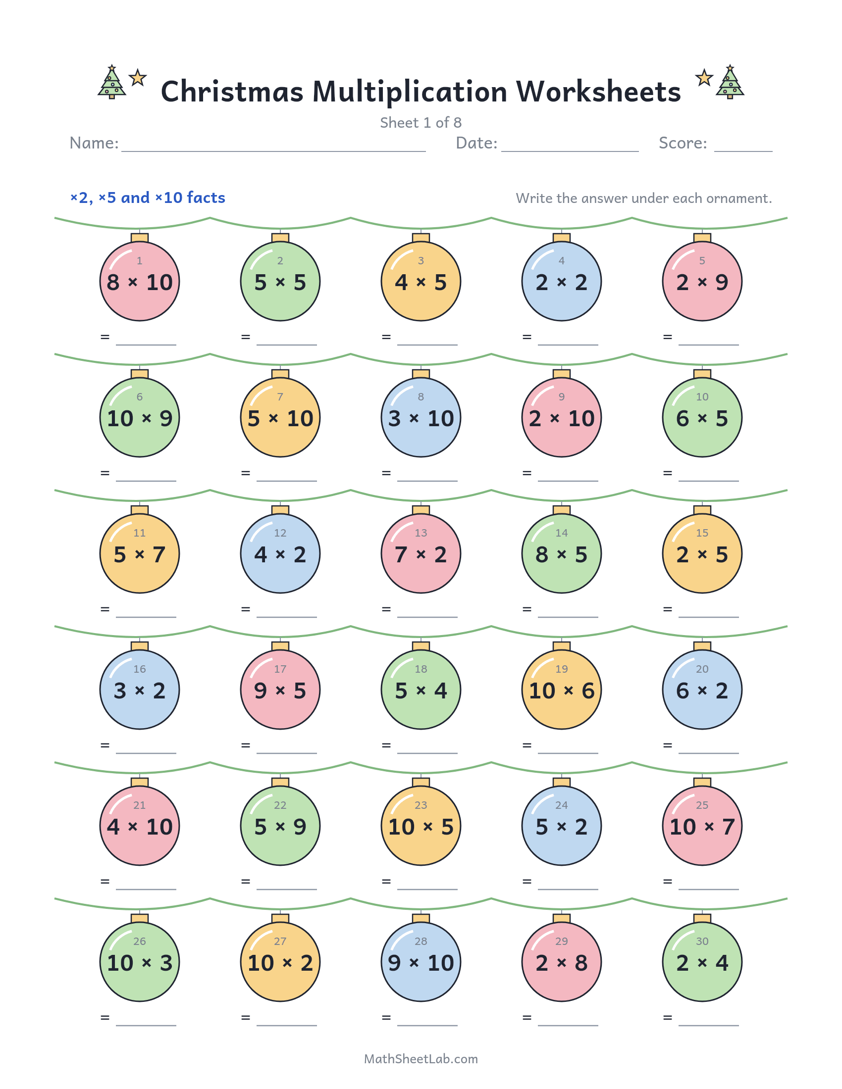 Christmas multiplication worksheets — free printable PDF preview